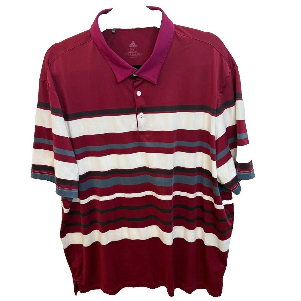 Men's Adidas Golf Polo Shirt Maroon with Black Grey Whie Stripes Stretch